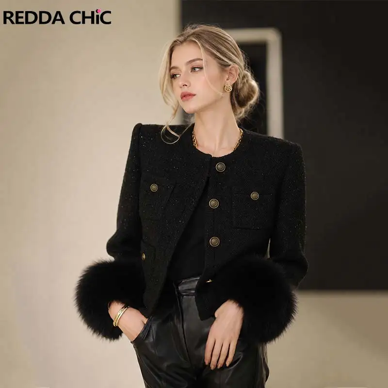 ReddaChic Glitter Tweed Crop Cargo Jacket Women Vintage Faux Fur Cuffs Long Sleeve Collarless Button Front Jacket Work Outwear