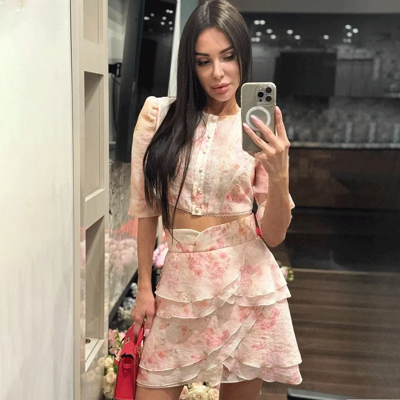 

Ticketsx Women's Floral 2 Piece Dress Set Fashion New Button Cropped Top Ruffled Mini Skirt Set Elegant Party Vacation Dress Set