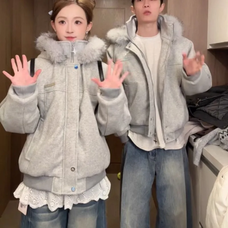 

Мужские и женские зимние утолщенные куртки на хлопковой подкладке, льняной серый меховой воротник, тяжелая хлопковая стеганая куртка с капюшоном в американском стиле ретро