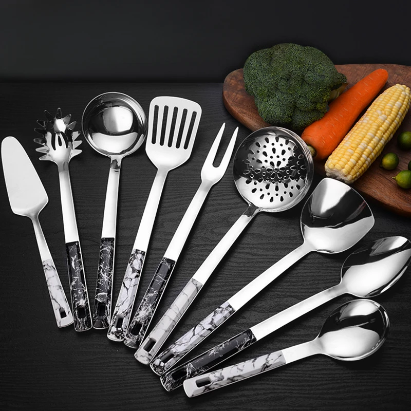 9 Piece Set Household Cooking Shovel Soup Spoon High-value Spatula With Marble Handle Stainless Steel Kitchen Wholesale Supplies