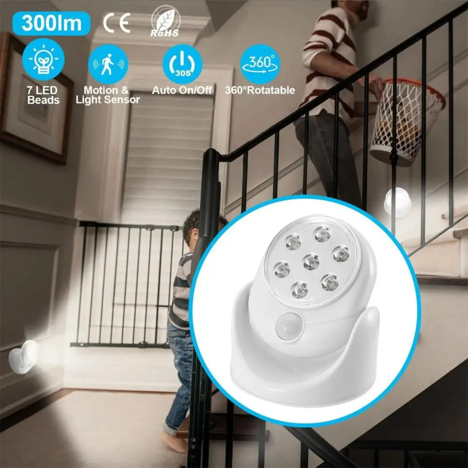 Lámpara Led de pared con Sensor de movimiento, luz nocturna giratoria de grado, inalámbrica, para escaleras, interior y exterior, novedad