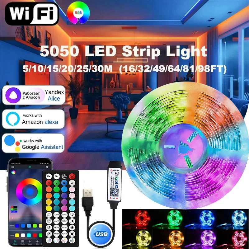 RGB LED Strip Lights 5050 Tuya APP Control 1-30M Color Changing Light Flexible LED Lamp Tape Ribbon for Room Decor Backlight