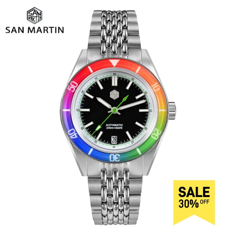 San Martin Men Watch Fashion Sapphire Rainbow Bezel Full Luminous 39.5mm NH35 Automatic Mechanical Waterproof 200m Date SN0116