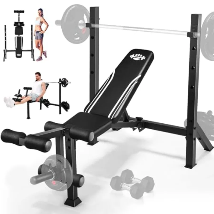 Juego de banco de pesas con rejilla para sentadillas, prensa de banco ajustable de 900 libras con extensión de piernas y rizo de piernas, entrenamiento plano inclinado B