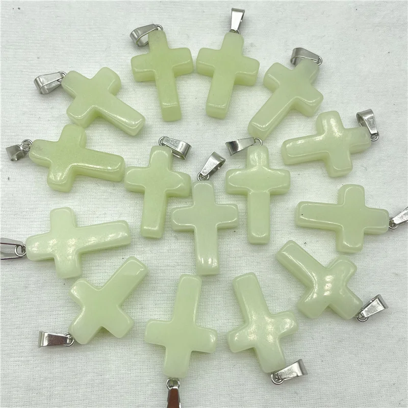 Natural Gem Stone Quartz Crystal Noctilucent Stone Fluorescence Cross Pendants For DIY Jewelry Making Necklace Accessories 12PCS