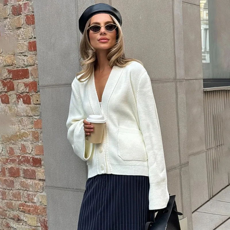 

Spring Autumn Women's Sweaters Fashion V-Neck Loose Knit Cardigan Casual Office Lady Streetwear New Female Jumpers