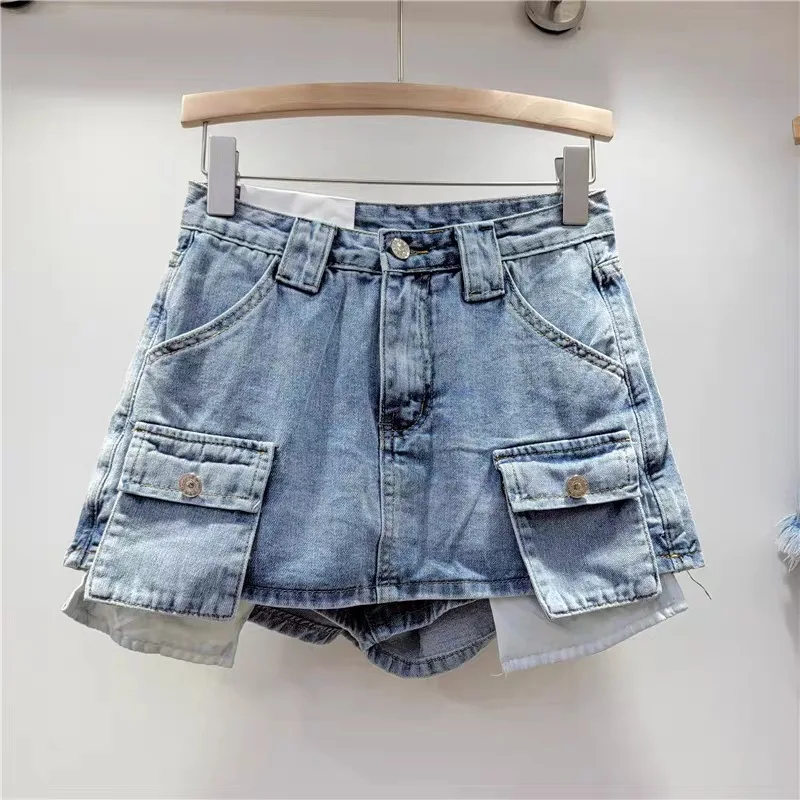 2024 New Arrival Women Summer New Mini Pocket Denim Cargo Shorts Skirts Women Fashion High Waist Straight A-line Shorts Skirt