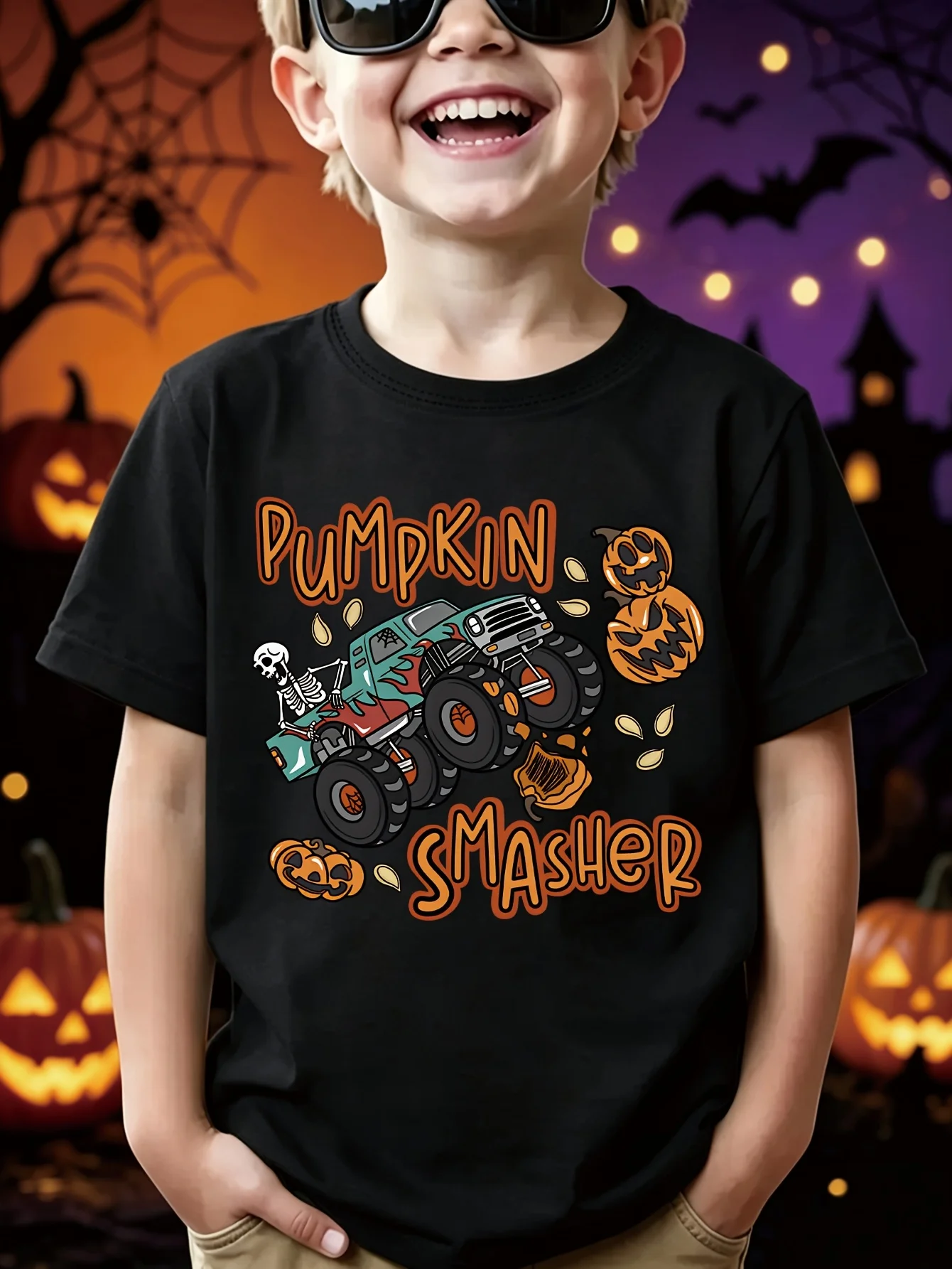 Kids Boys Girls Family Matching T Shirt Halloween Pumpkin Monster Truck Graphic Print Short Sleeve Crew Neck Soft Daily Tee