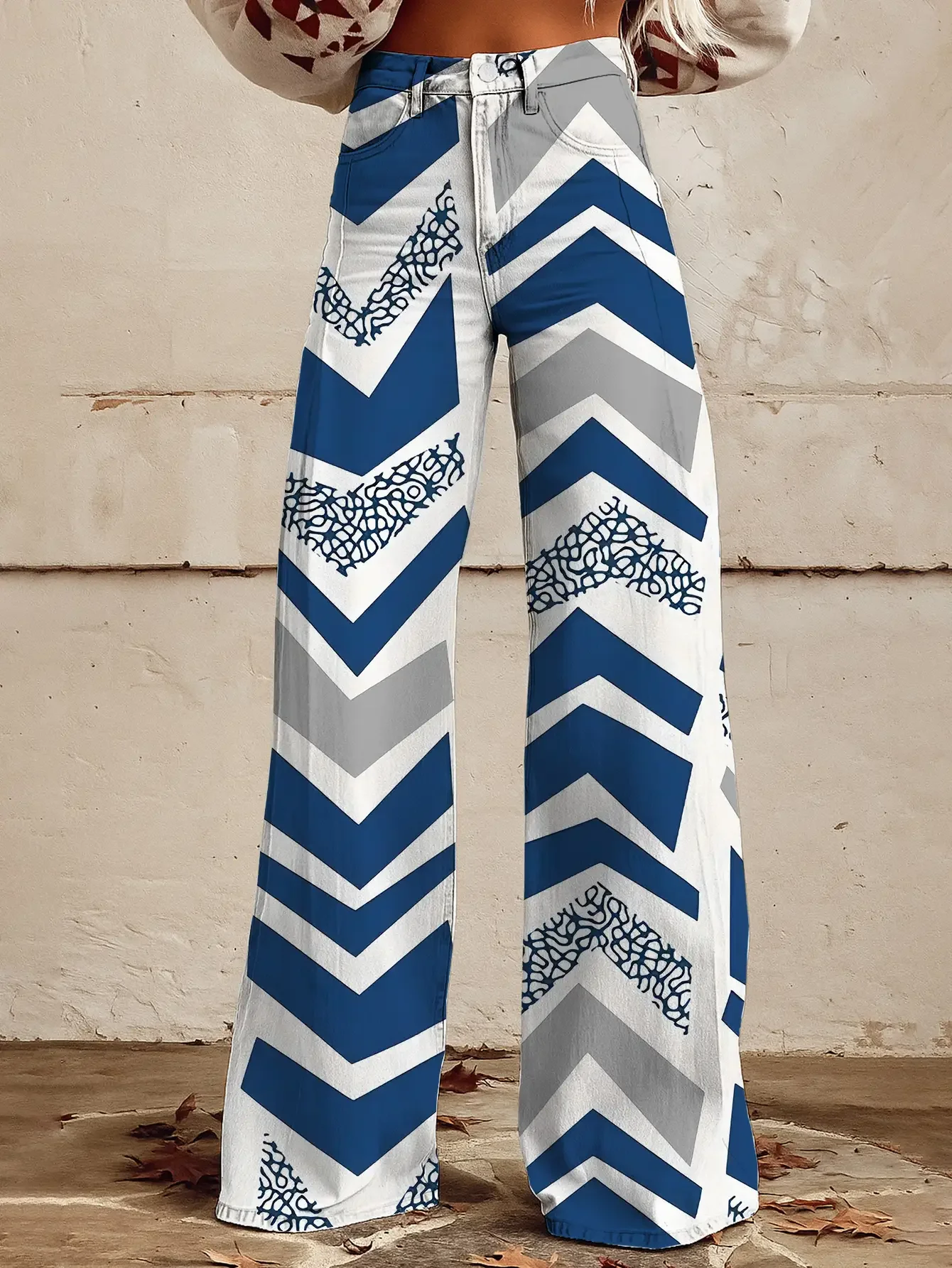 

Women's printed geometric pattern wide leg imitation jeans,Ladies' retro European mural printed straight leg pants