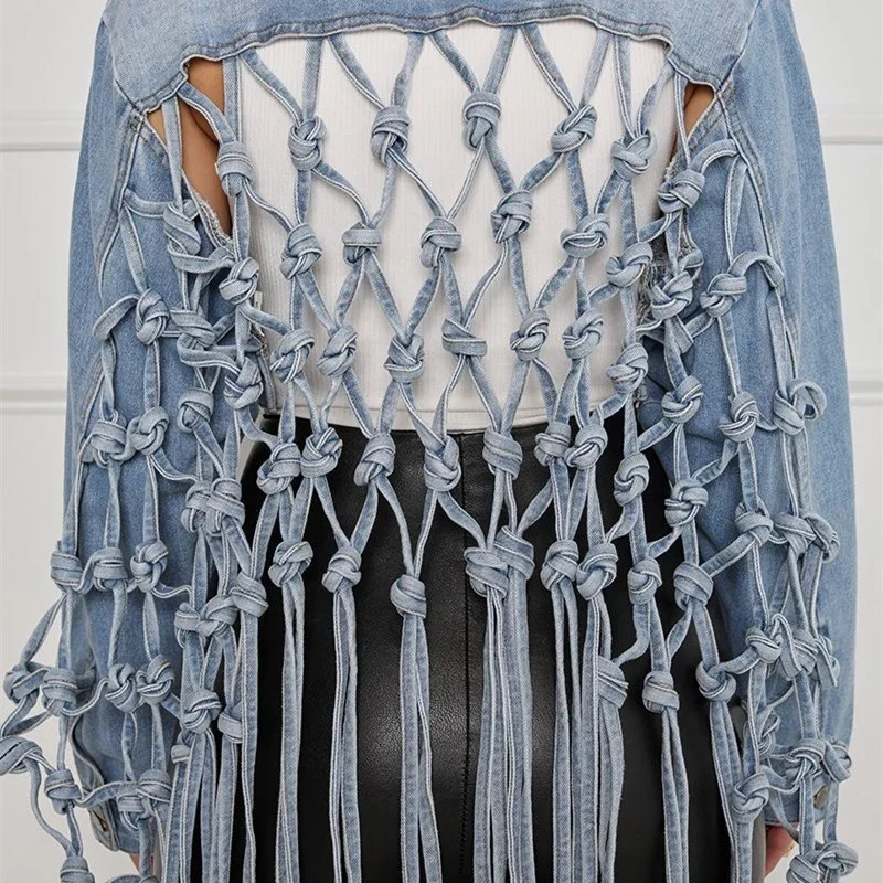Fashion Back Mesh Tassels Knot Splicing Jackets Women's Lapel Single-breasted Cardigan Denim Coat Female Street Style Outerwear
