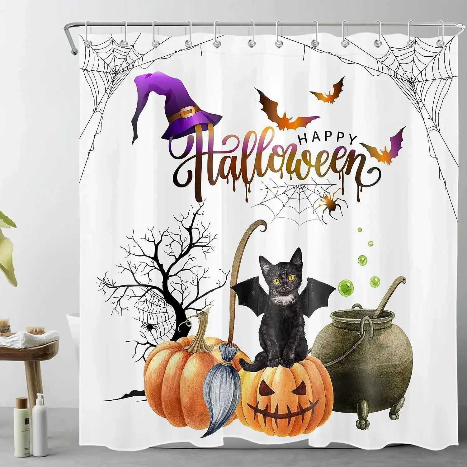 Halloween Shower Curtain, Pumpkin Autumn Tarot Mandala Sun Moon Phase Star Pastel Burning Crescent Moon, Bathroom Decoration Set