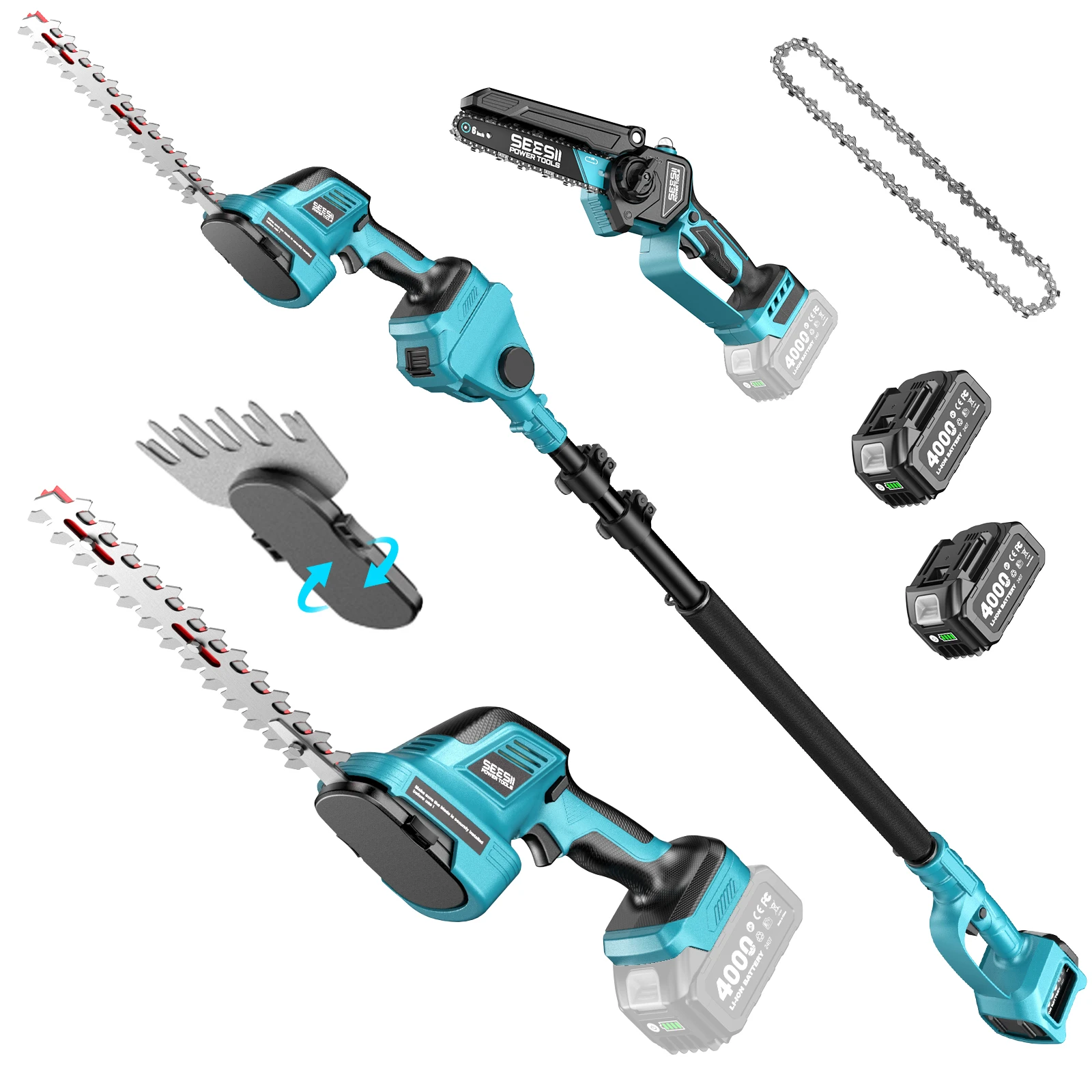 SEESII 6-in-1 Elektrischer Heckenschneider mit 2,4 m Teleskopstange, Kettensäge, Schornsteinreiniger, Gartenwerkzeug zum Entfernen von Unkraut und Beschneiden, kompatibel mit Makita 18V Akku