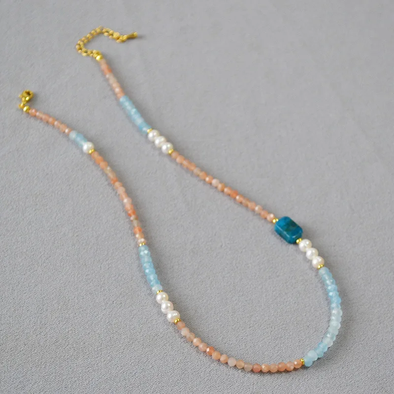 

Freehand Ink Painting Sun Stone Aquamarine Freshwater Pearl Beads