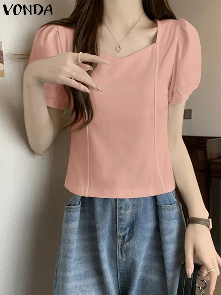 Women Shirts VONDA 2024 Summer Elegant Blouse Tunic Tops Fashion Casual Sexy Square Collar Short Puff Sleeve Blusas Femininas