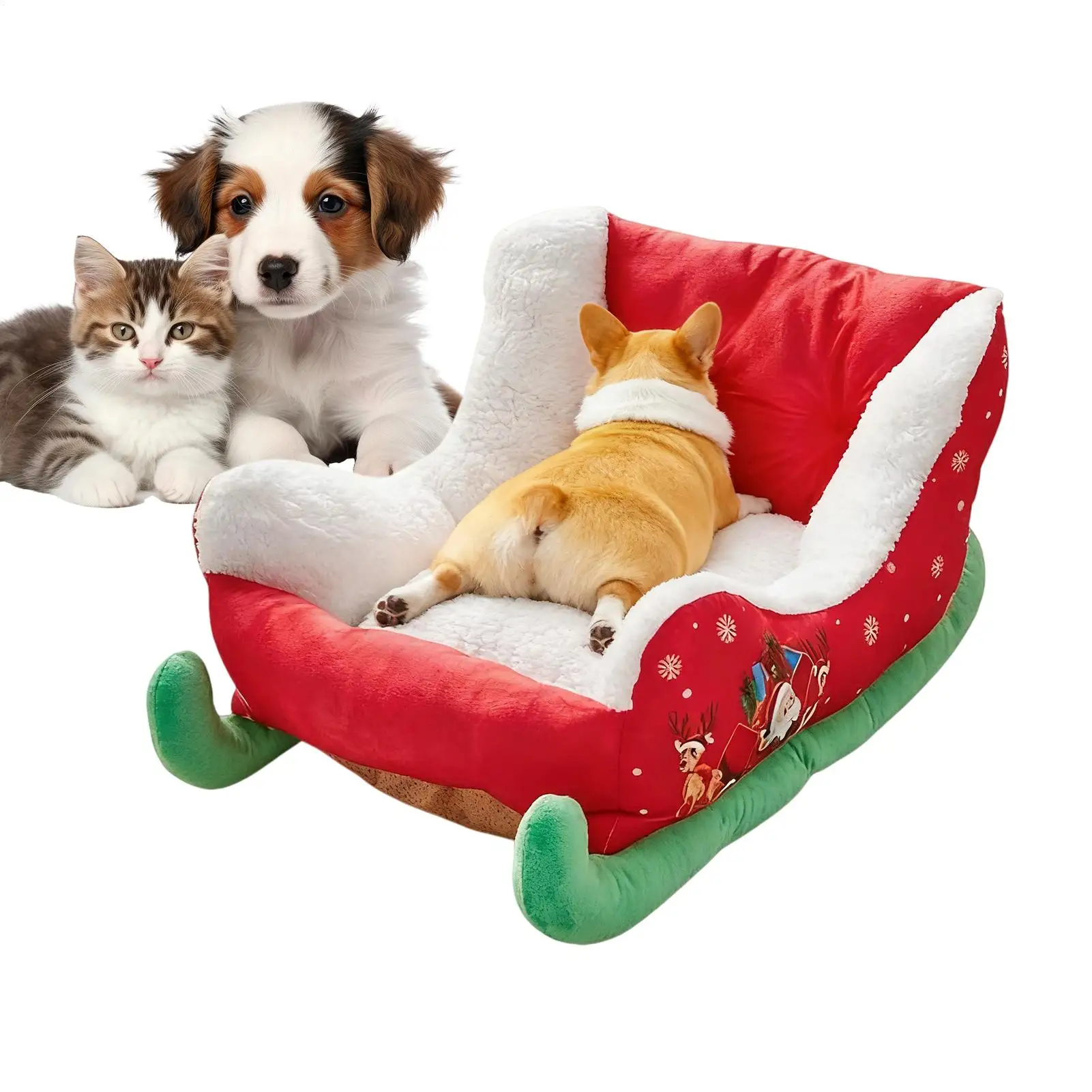 

Рождественская кровать для домашних животных, плюшевые рождественские сани, спальная кровать, противоскользящая подушка для щенка для спальни, гостиной, дома, зимы