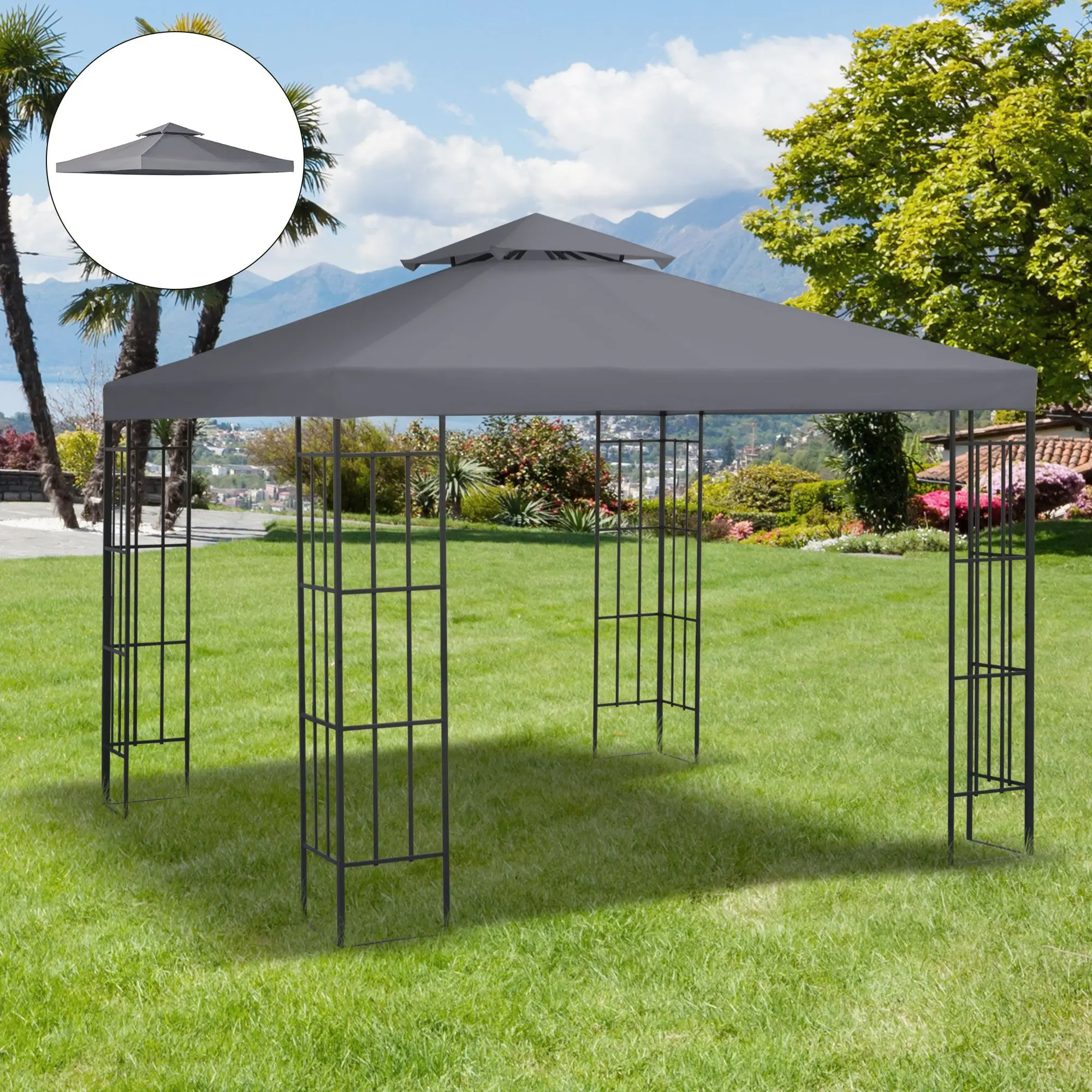 

For Outsunny 10' x 10' Gazebo Replacement Canopy 2 Tier Top UV Cover Pavilion Garden Patio Outdoor Dark Gray (TOP ONLY)