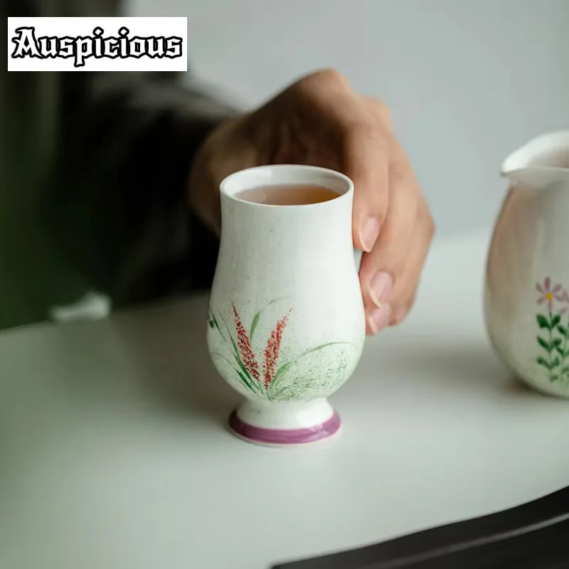 2pc/set Pure Hand-painted Reed Ceramic Teacup Sprinkling Green High-footed Cup Generous Fragrant Owner Cup Kung Fu Tea Set 70ml