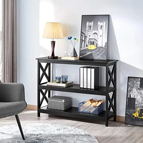 Tall TV Stand with 2 Shelves for Bedroom & Living Room, Black | X-Frame Side Bracing, 88 lb Top, 44 lb per Lower Tier