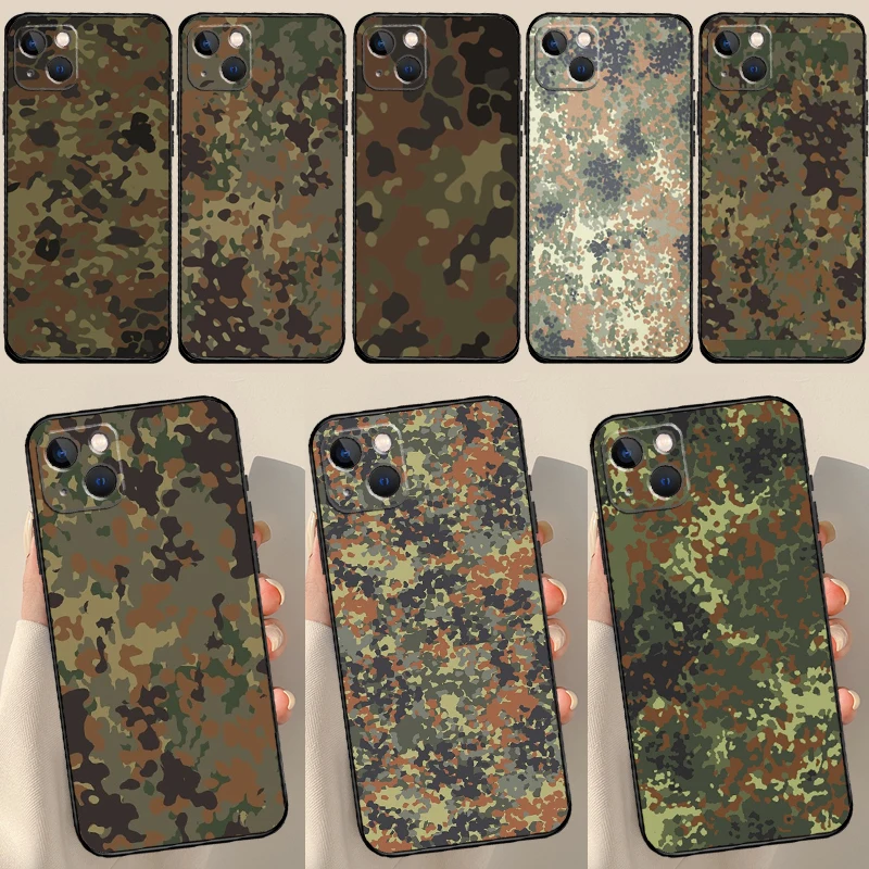 Custodia mimetica Flecktarn per iPhone 16 X XR XS Max 12 13 Mini Plus 11 12 13 14 15 Pro Max Cover posteriore