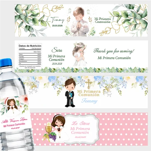 

Custom Mi Primera Communion Water Bottle Label Personalized Boy Girl Name Sticker Baby Shower Christening Baptism Party Decor