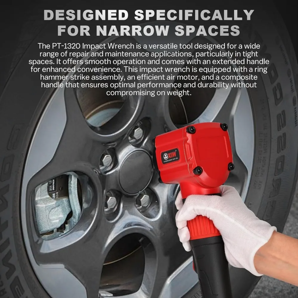 1/2インチアングルインパクトレンチ、最大トルク910フィートポンド、コンパクト軽量3.63ポンド設計、ヘビーデューティー7500RPM 1/2ミニエアインパクトガン