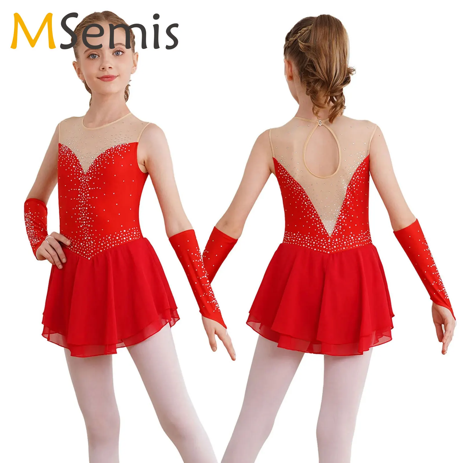 

Girls Ballet Lyrical Dance Dress Figure Skating Stage Performance Costume Sleeveless Rhinestone Gymnastics Leotard with Gloves