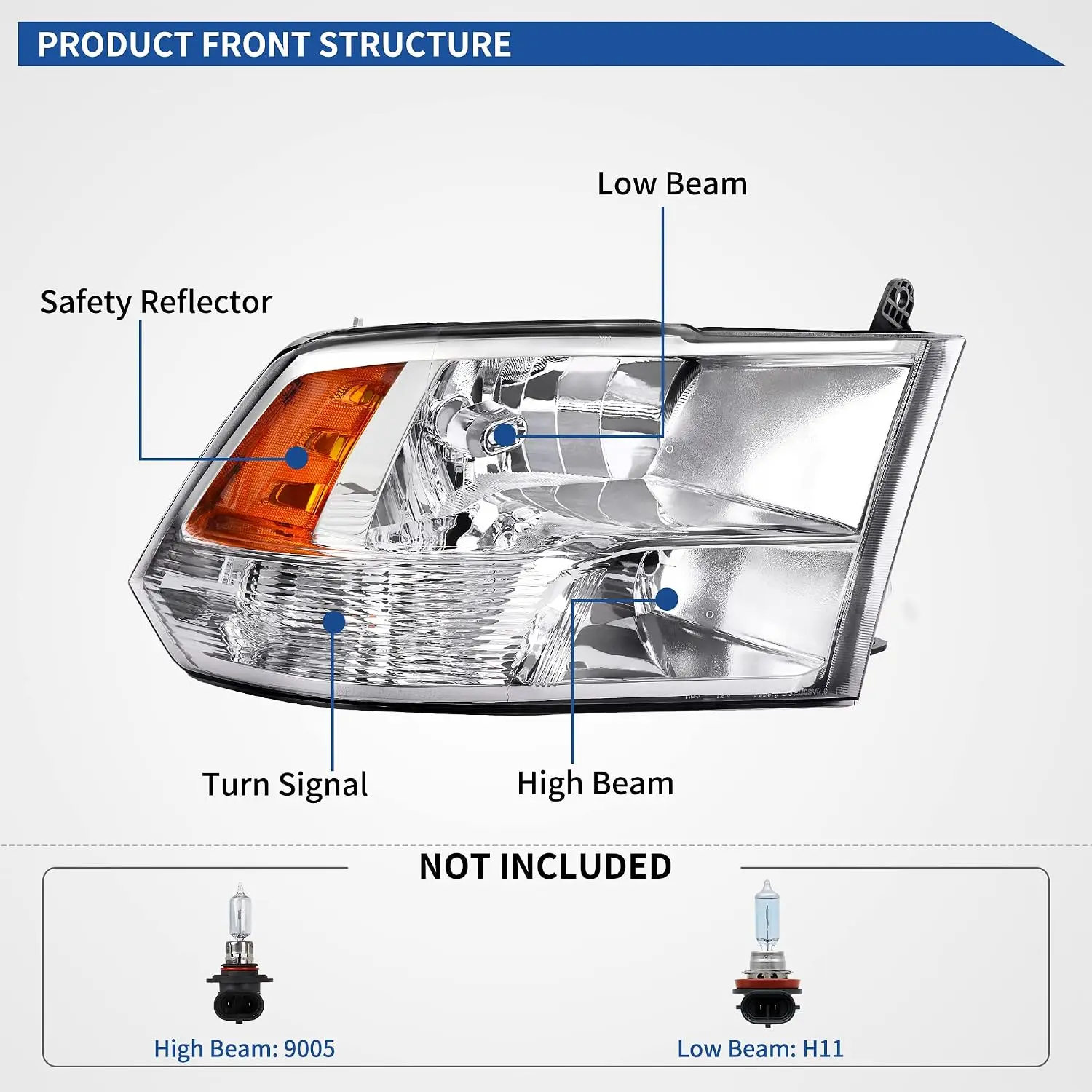Compatible Headlamp Set for 2009-2018 1500, 2010-2018 2500/3500, 2019-2022 1500 Classic – Chrome Housing, Clear Lens, Amber Refl