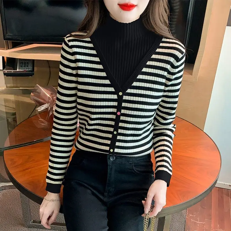 Fashion Turtleneck Button Striped Fake Two Piece Sweater Women's Clothing 2023 Autumn Winter New Casual Pullovers All-match Tops