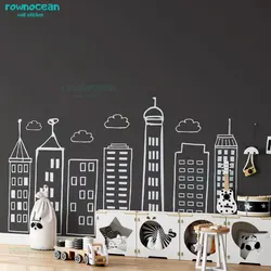 Large Doodled City Skyline Wall Decals Nursery Kids Room Playroom Preschool Decor Superhero Theme Room Stickers Wallpaper 3E02