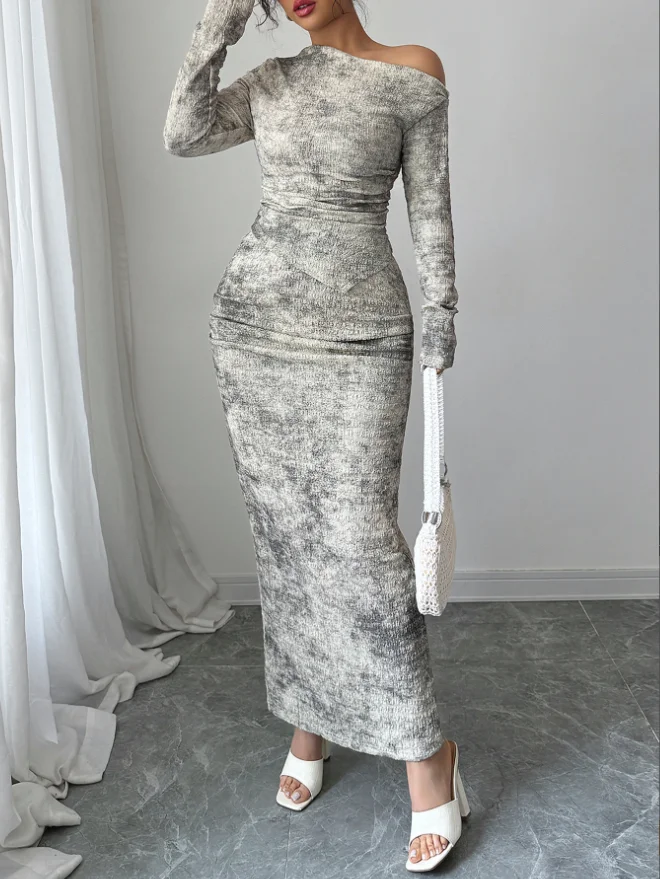 หญิงElegantไหล่เอียงแขนยาวสะโพกWarpชุดกระโปรงเสื้อผ้าผู้หญิงฤดูใบไม้ร่วงใหม่แฟชั่นกระโปรง 2 ชิ้นชุด
