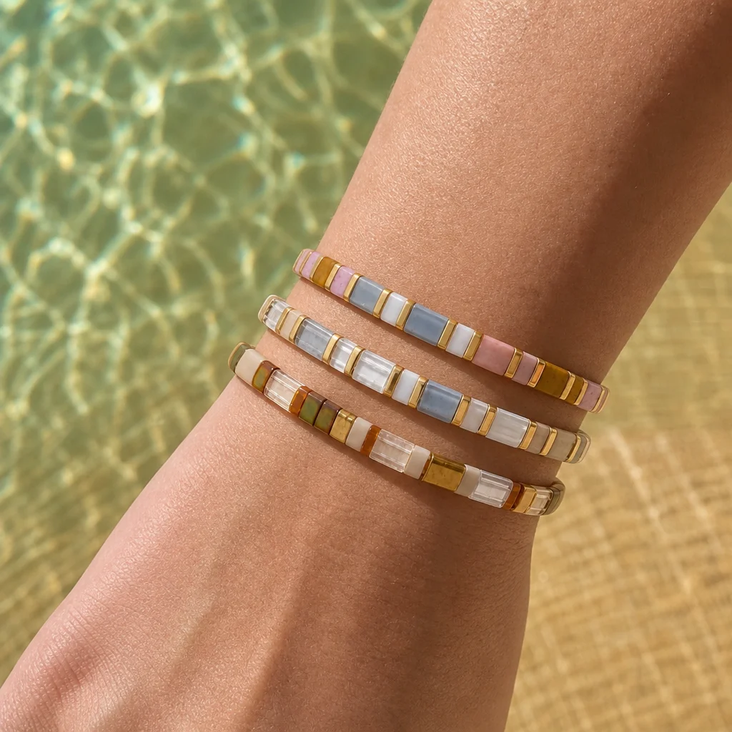 3pcs Colorful Geometric Glass Tile Bead Strand Bracelets for Women Trendy Stackable Wrist Jewelry Beach Style