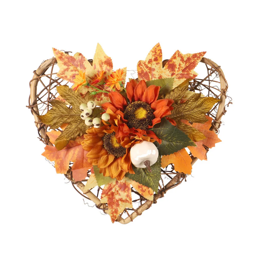 Heart Maple Leaf Pumpkin Pendant Artificial Autumn Harvest Maple Leaf Sunflower Wreath Halloween Thanksgiving Garden Door Decor