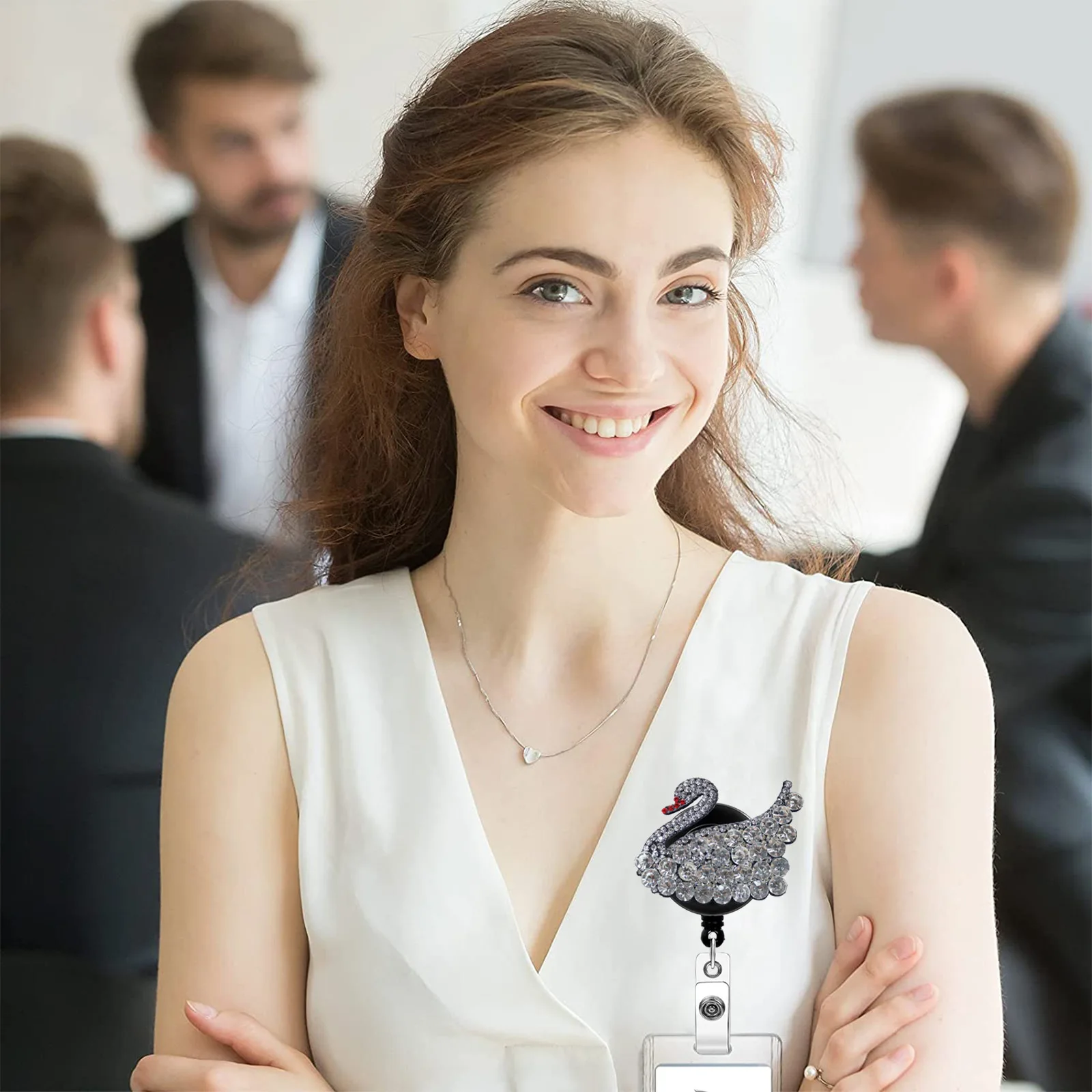 Swan Rhinestone Badge Holder Reliable Swivel Alligator Clip Retractable Badge Reel Convenient Id Holder Reel For  Office
