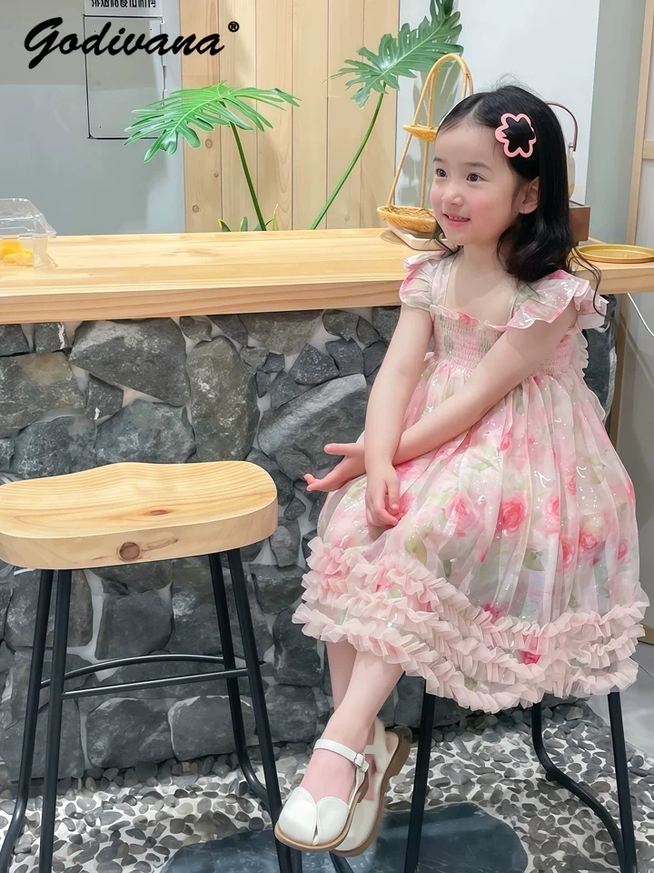Sweet Baby Girls Pink Floral Sequin Winged Princess Dress Summer 2026 New Fashion Kids Tulle Ruffle Trim Birthday Party Dress