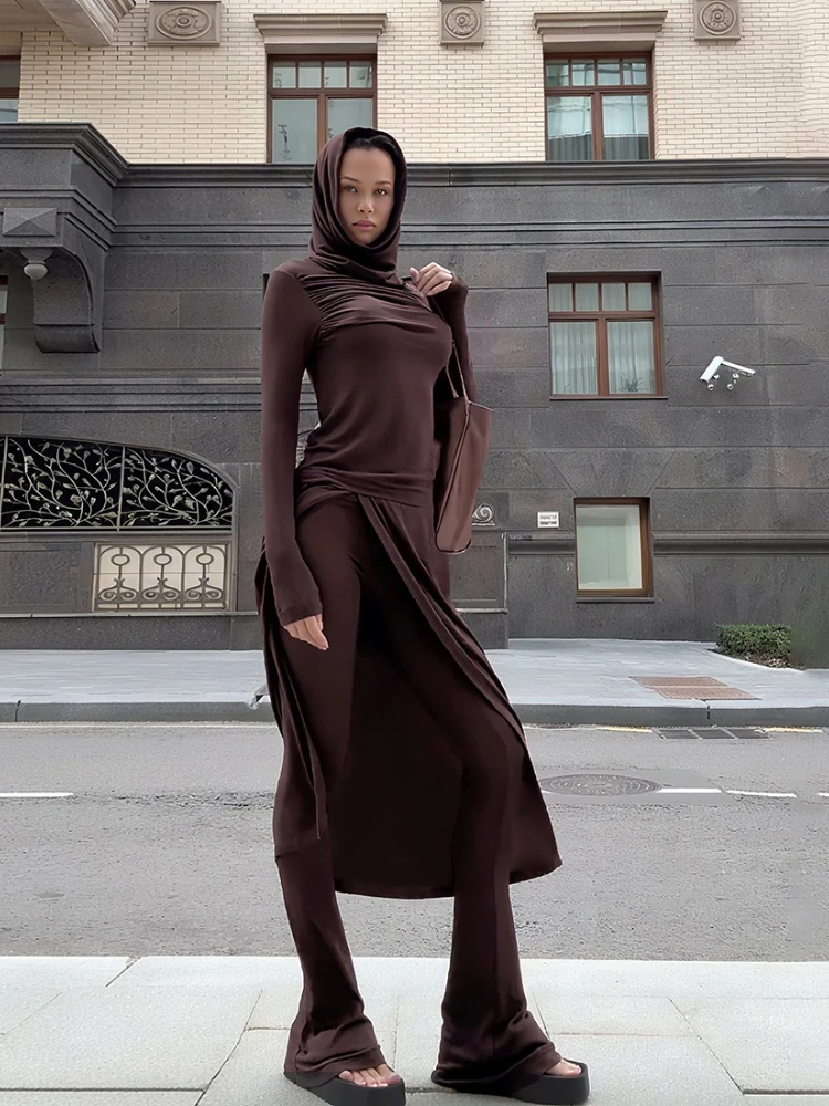 

Foamlina однотонный женский комплект из 2 предметов, осенний модный пуловер с капюшоном и длинными рукавами с разрезом, топ и подходящие брюки-клеш, костюмы