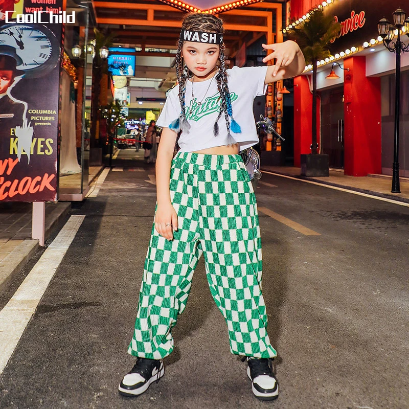 

Hip Hop Girls Crop Top Street Dance Plaid Pants Clothes Sets Child T-shirt Sweatpants Kids Joggers Streetwear Jazz Costumes