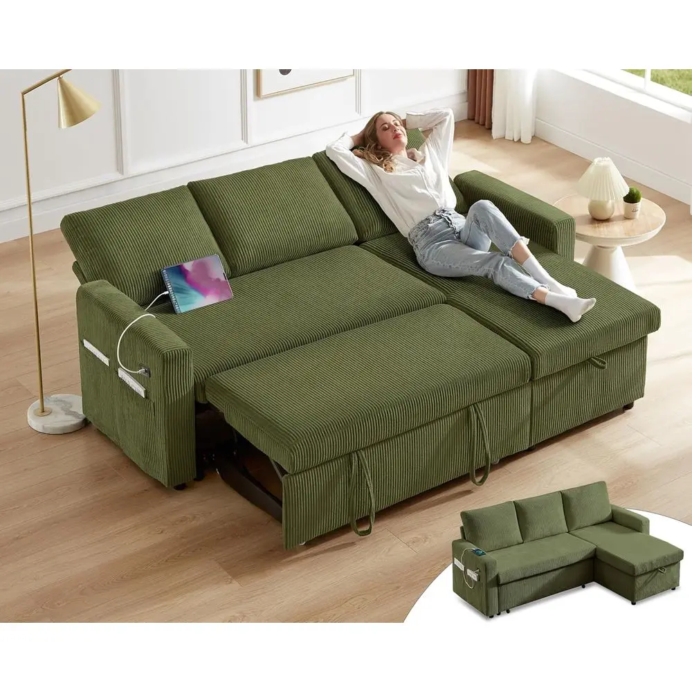 

80 L-Shaped Sectional Sofa Bed with Pull-Out, Reclining Couch, Storage Chaise, USB Ports, Easy Assembly, Corduroy Olive Green
