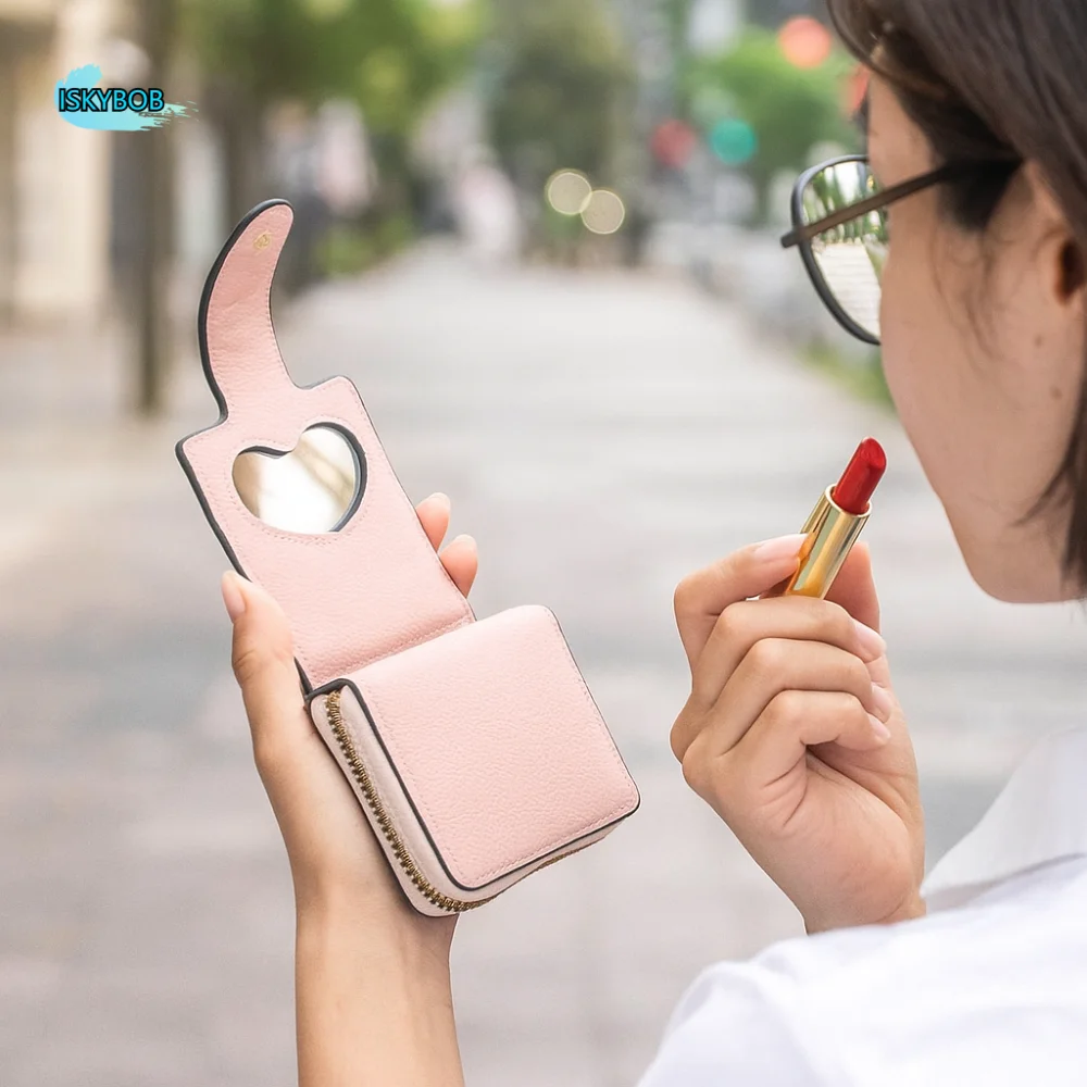 

PU Leather Women's Wallet Solid Color 2 Folds Credit Cards Holder with Makeup Mirror Korea Style Zipper Coin Purse Business