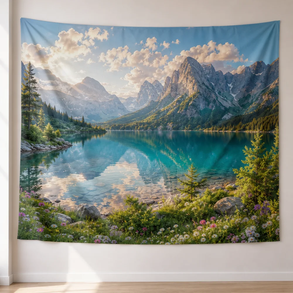 Sunny Sky Snow-Capped Mountains Green Lakes Tapestry 150×100CM Living Room Bedroom Fresh Landscape Wall Background Fabric
