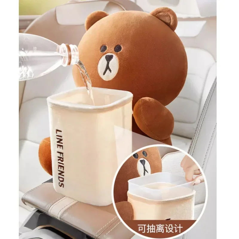 Brown Cartoon Doll Creative Car Armrest Box Trash Can Box Line Friends Car Umbrella Plush Storage Bucket Home Decorative Gift