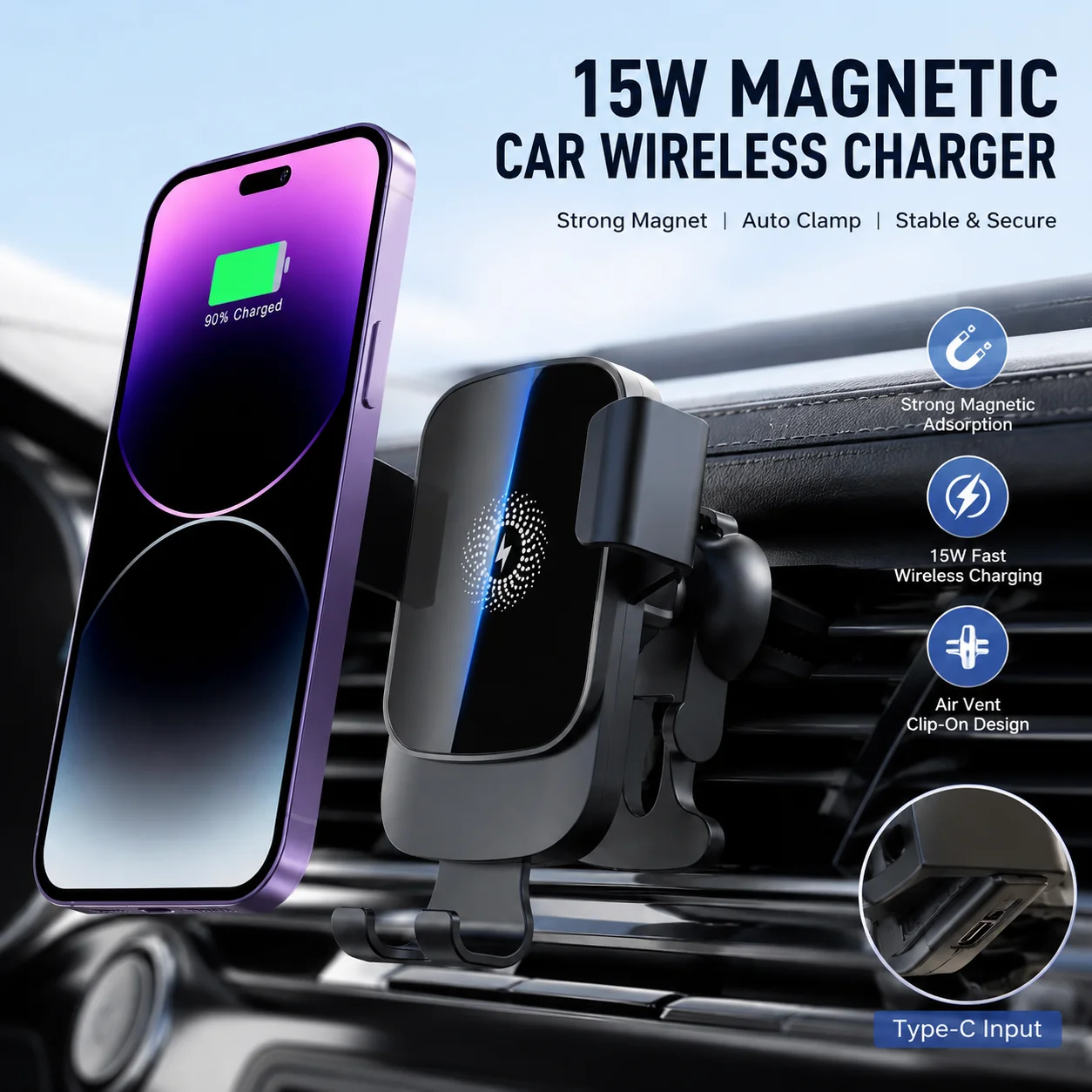 Wireless Car Charger 15W Fast Charging Auto Clamp Phone Mount QC3.0 Type-C 360° Rotation Air Vent Holder for ipone&Samsung