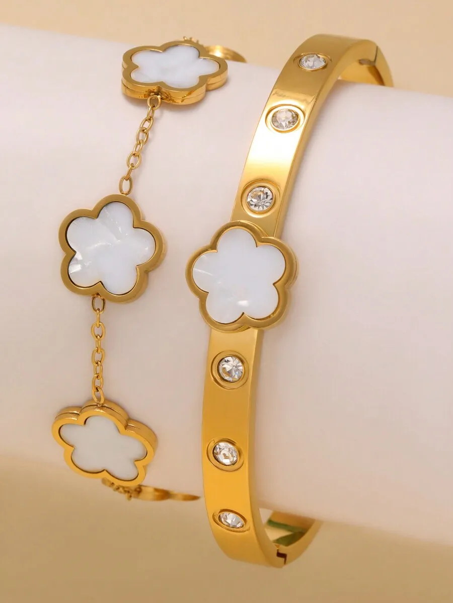 قطعتان من رقائق Cinquefoil الأنيقة + Cinquefoil مع سوار الزركونيا من الفولاذ المقاوم للصدأ لا يبهت ومناسب للارتداء اليومي