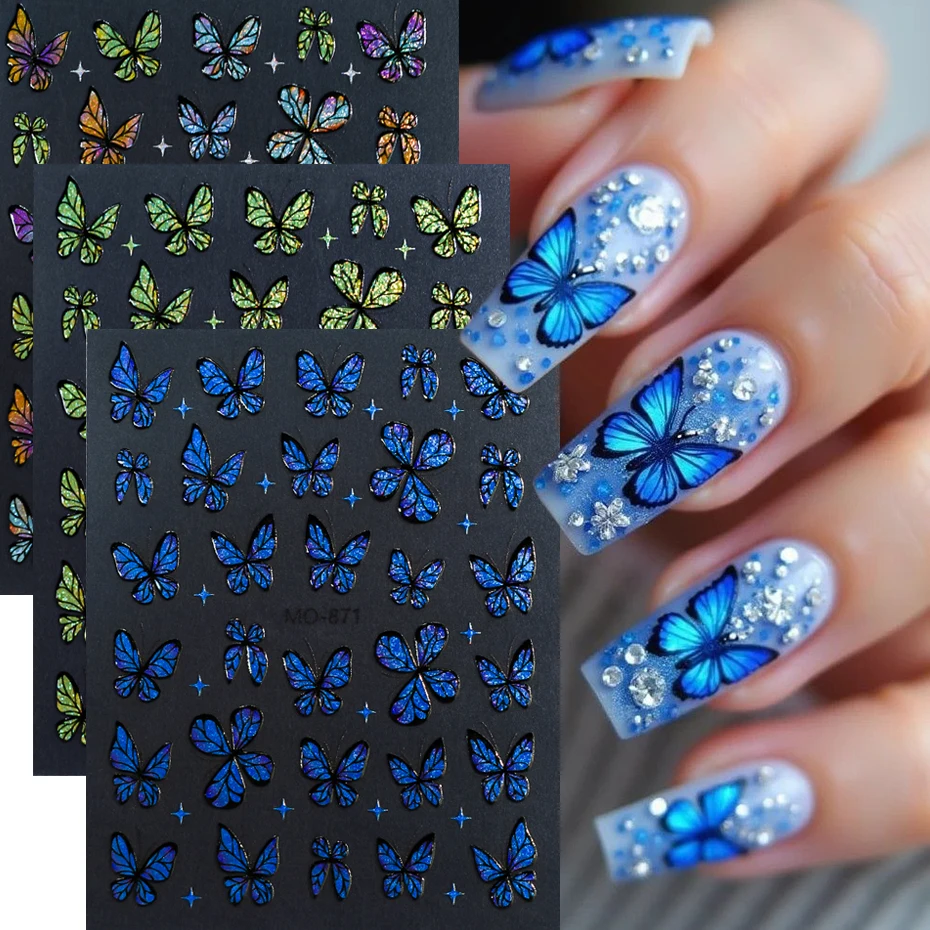 3 Modelle glitzernde bunte Schmetterlings-Nagelaufkleber – Blau, Grün, Aurora-Laser-Nagelaufkleber, selbstklebende 3D-Nageldekoration zum Selbermachen