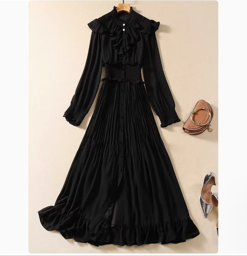 

Spring and Autumn French Black Waist Slimming Chiffon Dress