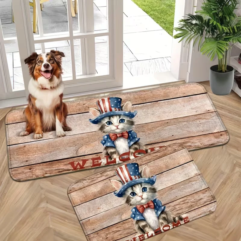 Patriotic Cat Kitchen Rug Non Slip American Flag Hat Kitten Floor Mat Washable Welcome Rustic Wood Runner for Independence Day