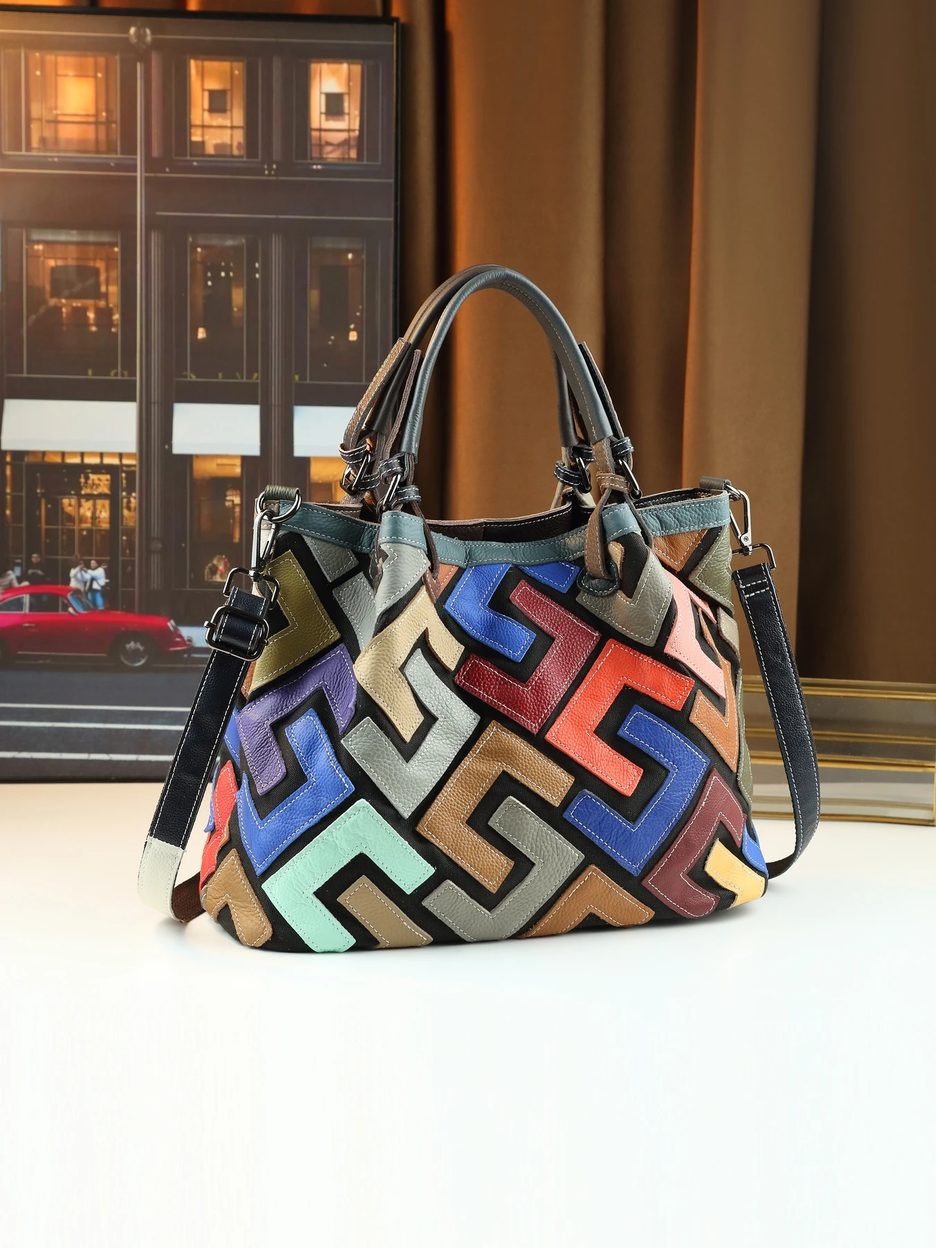 

New letter retro color splicing genuine leather fashion shoulder bag women's handbag cowhide random contrasting colors