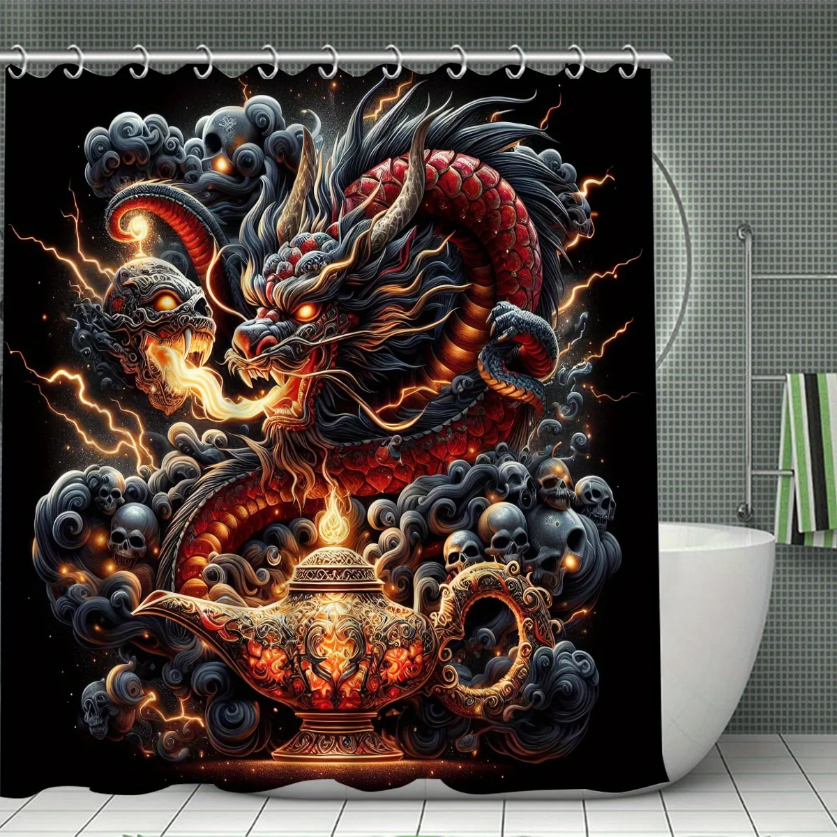 

1 шт. занавеска для душа — дизайн мифического дракона и черепа для эффектной водонепроницаемой ванной комнаты