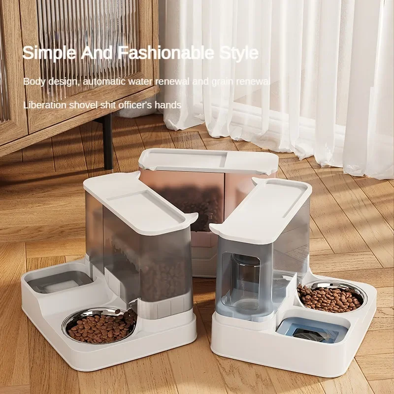 2 in 1 Pet Dog Cat Automatic Feeder Large Capacity Automatic Drinker Hygienic and Durable Stainless Steel 2 Bowl Pet Supplies