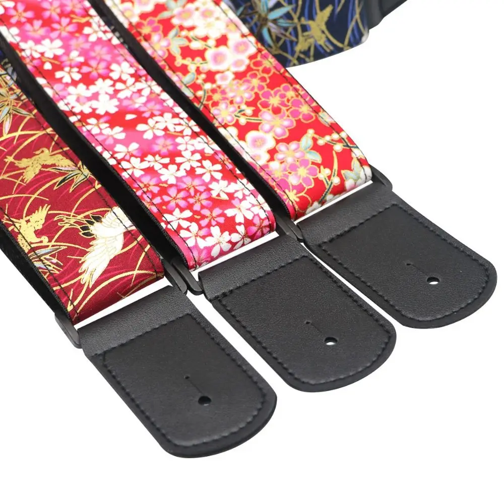 Vintage Guitar Strap Cherry Blossom Embroidered Print Electric Guitar Belts Red Crowned Crane Butterfly Guitar Shoulder Belt