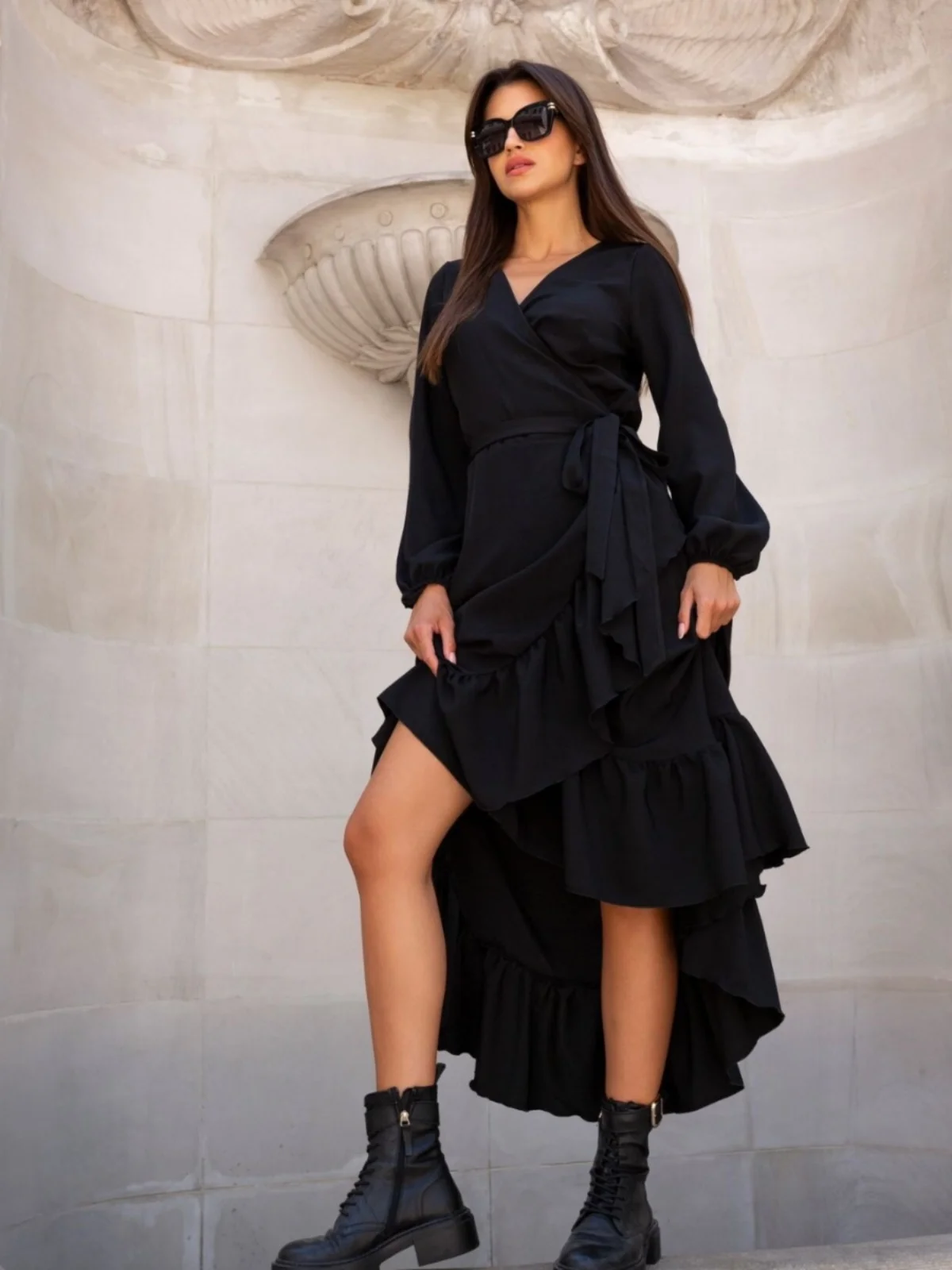 Vestido Maxi con Estampado de Leopardo y Cuello en V, Estilo Otoñal, Vestido Largo Irregular de Manga Larga para Mujer, Vesti...